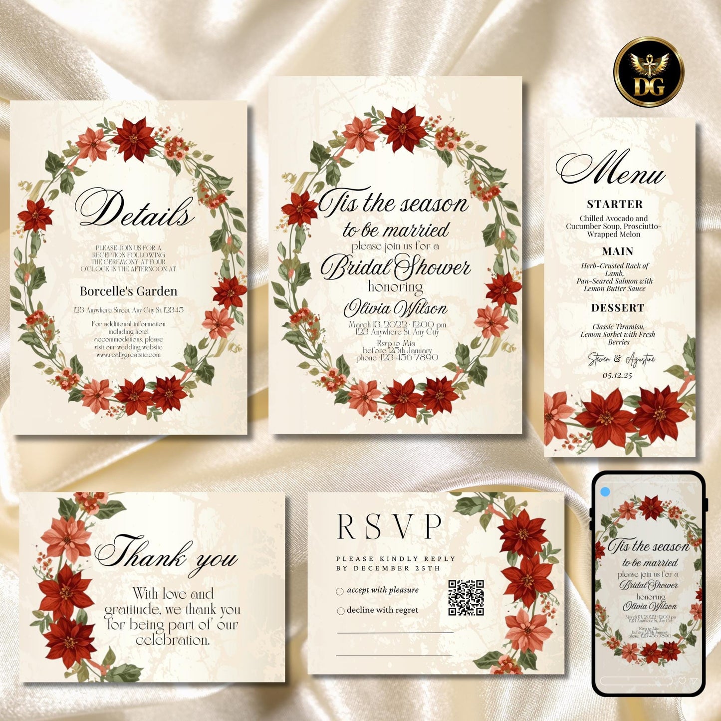 Elegant 'Tis the Season' Bridal Shower Suite | Cream Gold & White Floral Wreath | Editable Canva Template