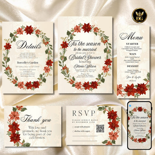 Elegant 'Tis the Season' Bridal Shower Suite | Cream Gold & White Floral Wreath | Editable Canva Template