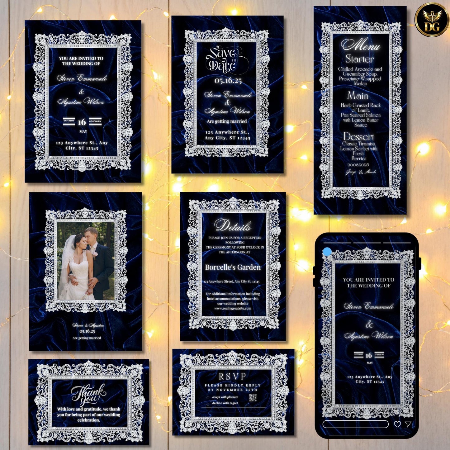 Navy Velvet & White Gold Diamond Wedding Invitation Suite | 8-Piece Luxury Canva Template | Elegant Digital Printable Wedding Set