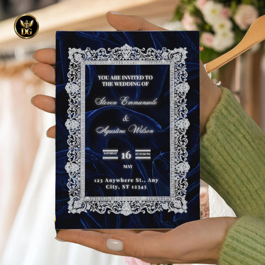 Navy Velvet & White Gold Diamond Wedding Invitation Suite | 8-Piece Luxury Canva Template | Elegant Digital Printable Wedding Set