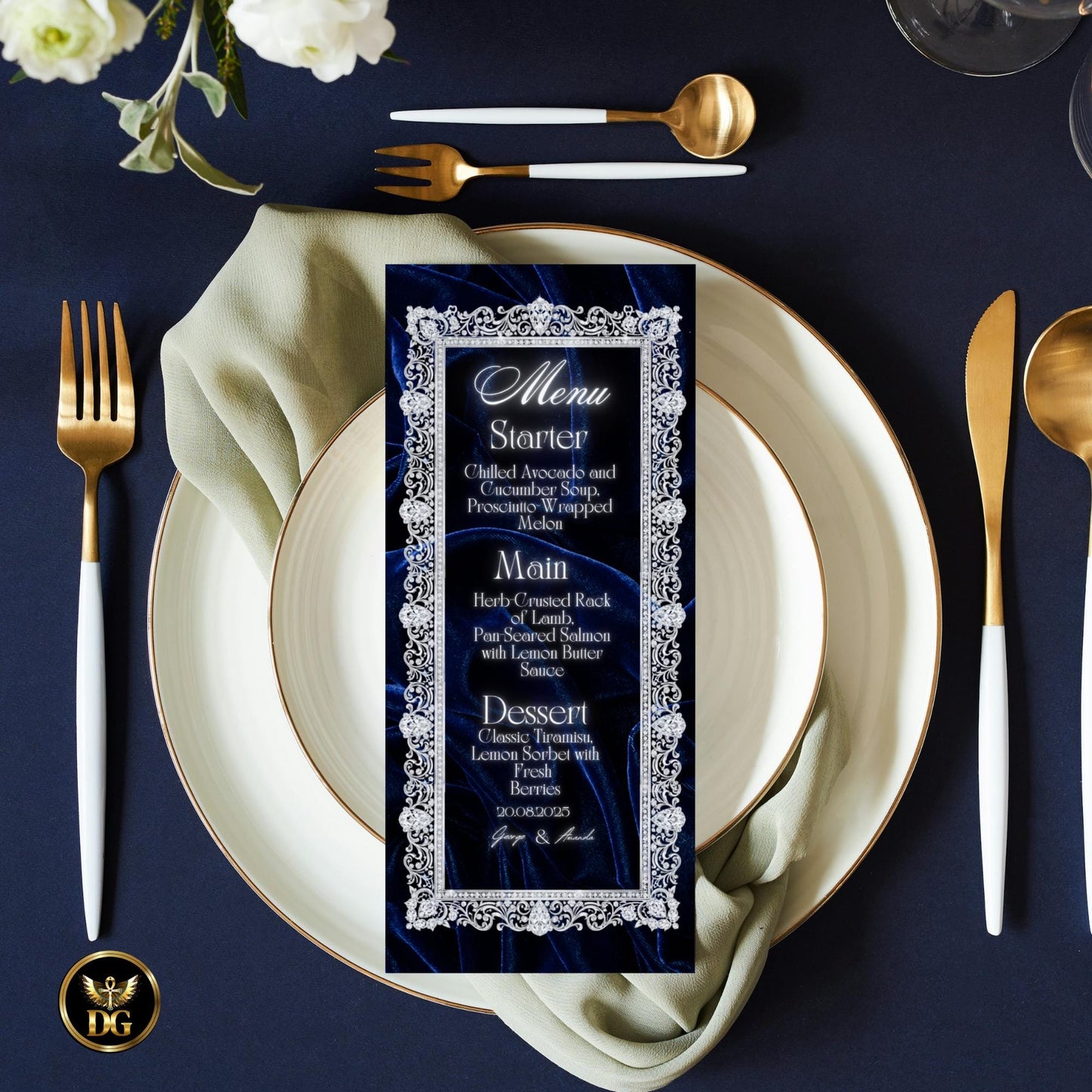 Navy Velvet & White Gold Diamond Wedding Invitation Suite | 8-Piece Luxury Canva Template | Elegant Digital Printable Wedding Set