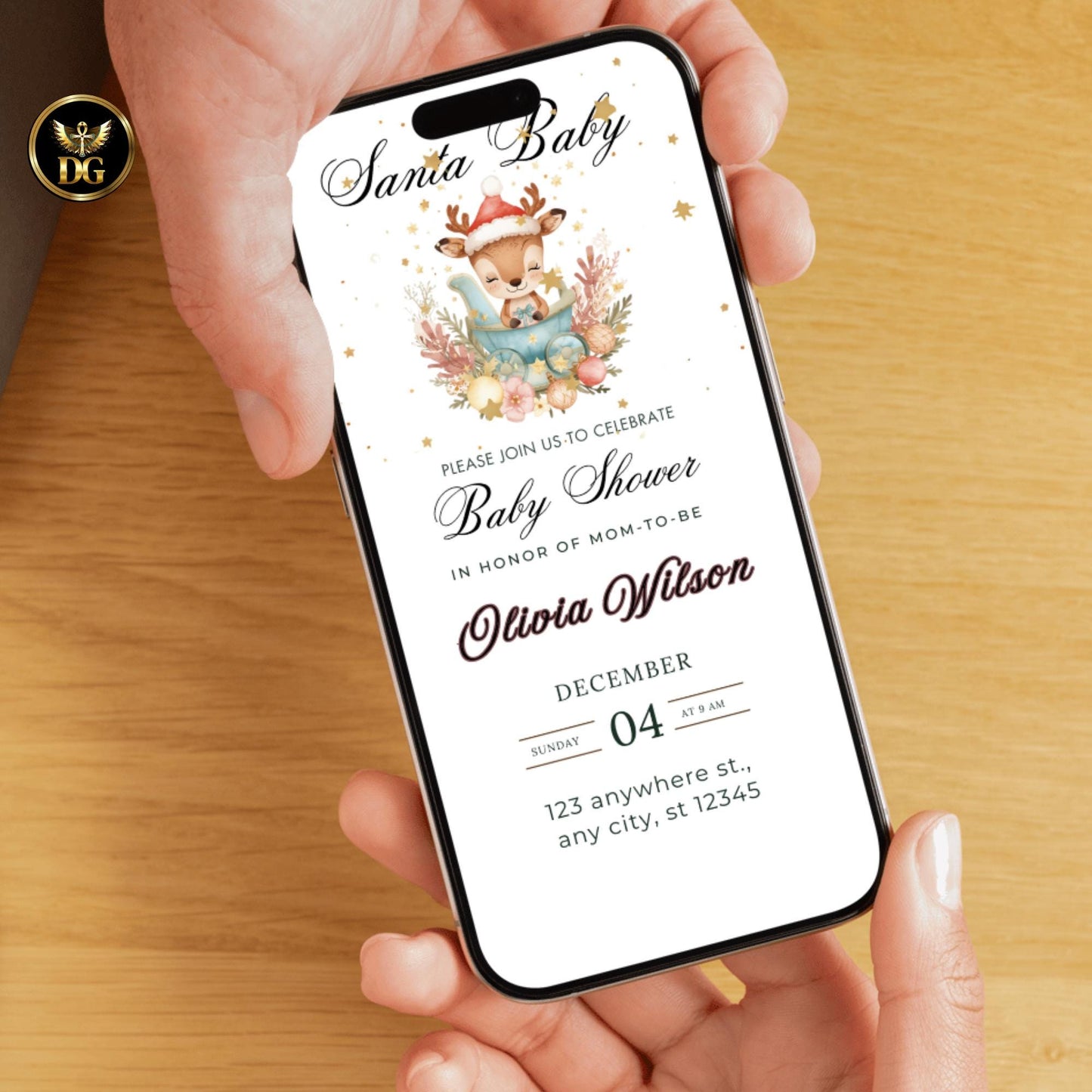 Christmas Baby Shower Invitation | Baby Reindeer in Sleigh | Editable Canva Template for Print & Digital