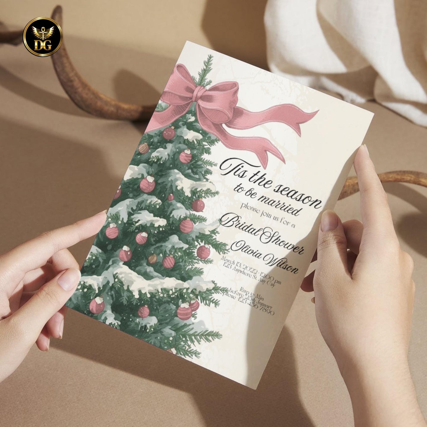 Tis The Season To Be Married Bridal Shower Invitation | Elegant Christmas Tree with Bow | Beige & Gold Canva Template