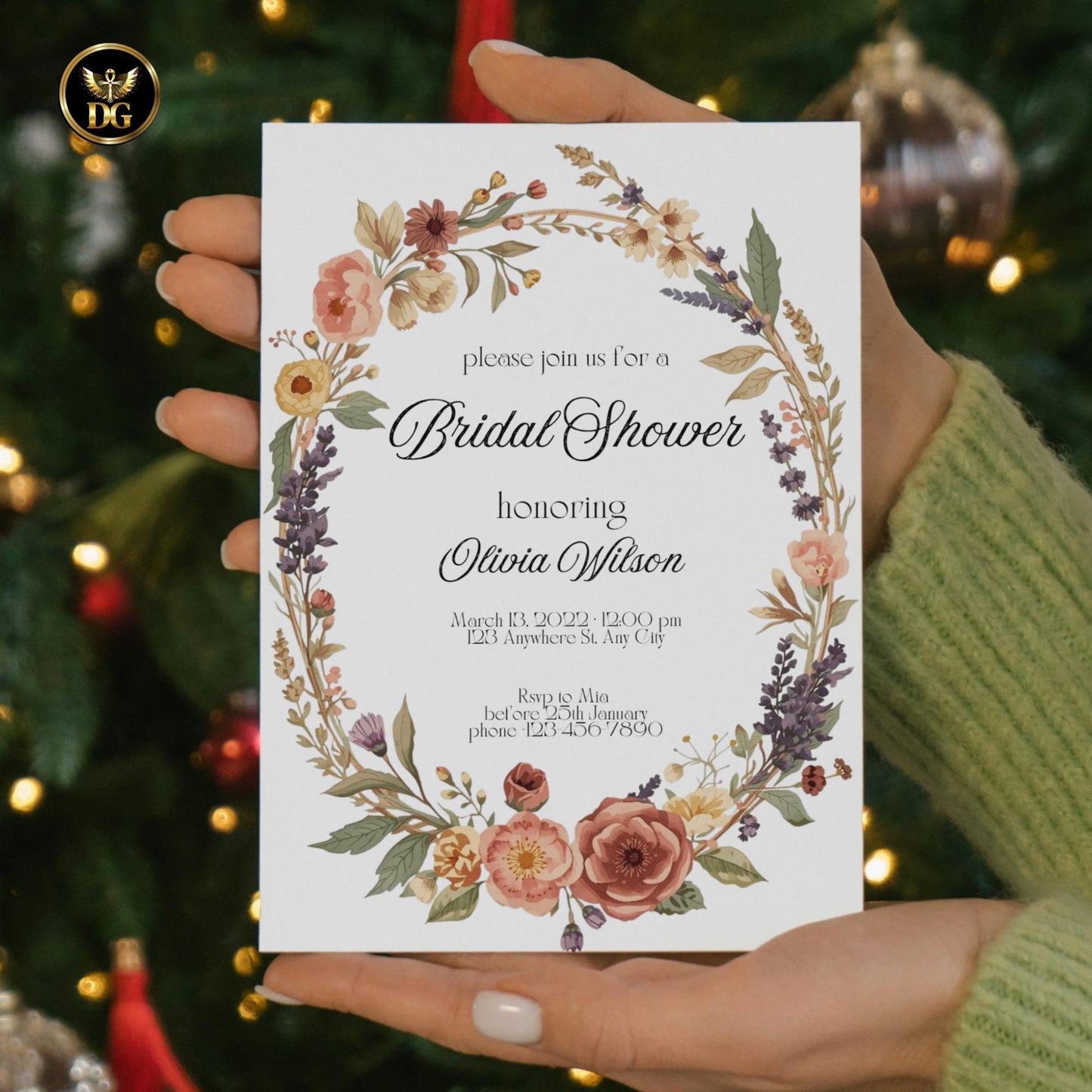 Elegant Evergreen Bridal Shower BUNDLE  Delicate Floral Wreath on White  Invitation, RSVP, Details, Menu, Thank You  Editable Canva Template