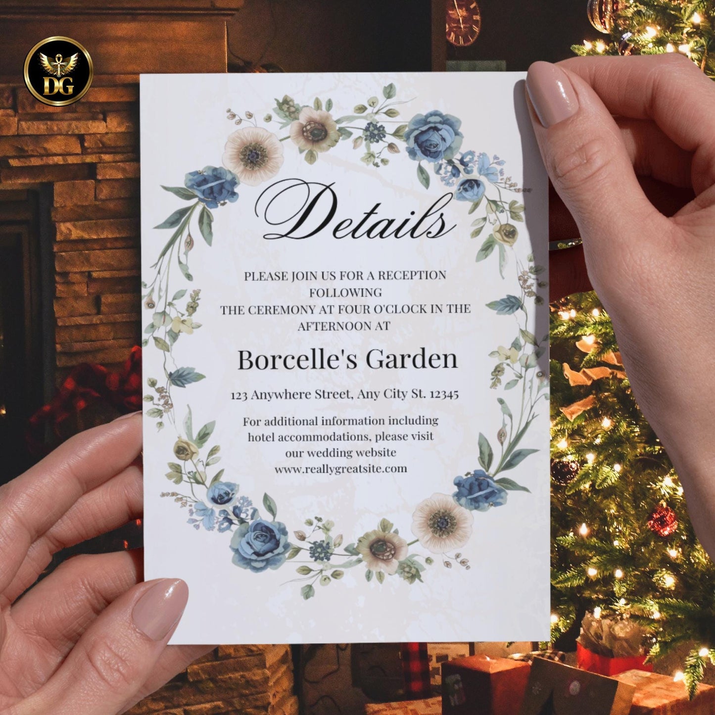 Cream Gold Blue Wedding Invitation Suite BUNDLE, Elegant Floral Wreath Set Save the Date Menu Details RSVP Thank You Editable Canva Template