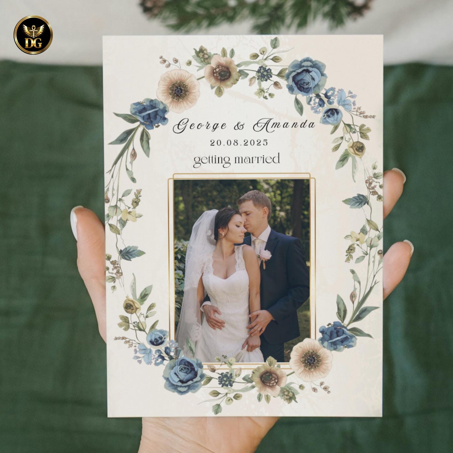 Cream Gold Blue Wedding Invitation Suite BUNDLE, Elegant Floral Wreath Set Save the Date Menu Details RSVP Thank You Editable Canva Template