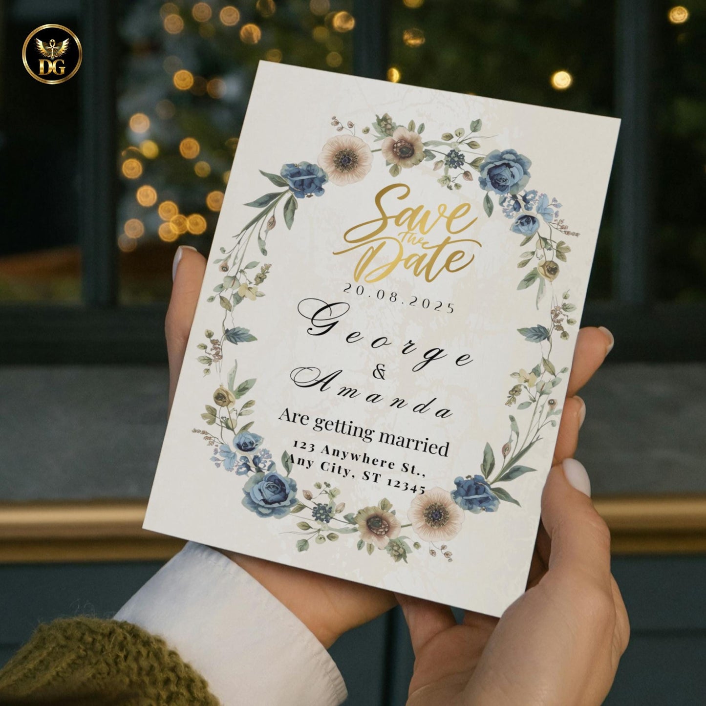 Cream Gold Blue Wedding Invitation Suite BUNDLE, Elegant Floral Wreath Set Save the Date Menu Details RSVP Thank You Editable Canva Template