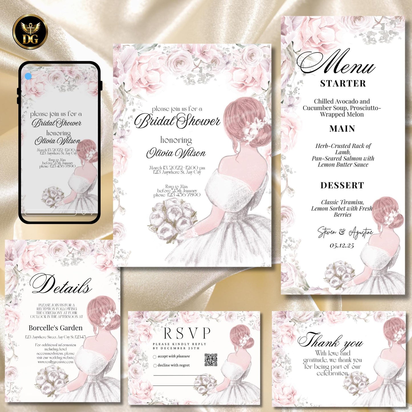 Elegant Floral Bridal Shower Invitation Set Bride Illustration Matching Wedding Set Printable Invitation Template Editable Instant Download