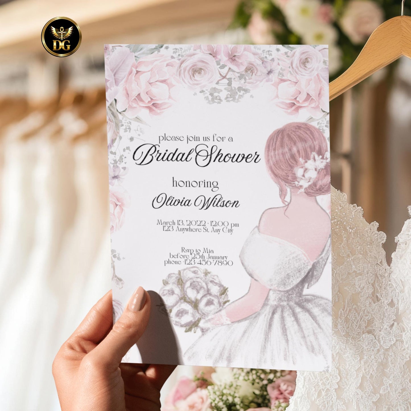 Elegant Floral Bridal Shower Invitation Set Bride Illustration Matching Wedding Set Printable Invitation Template Editable Instant Download