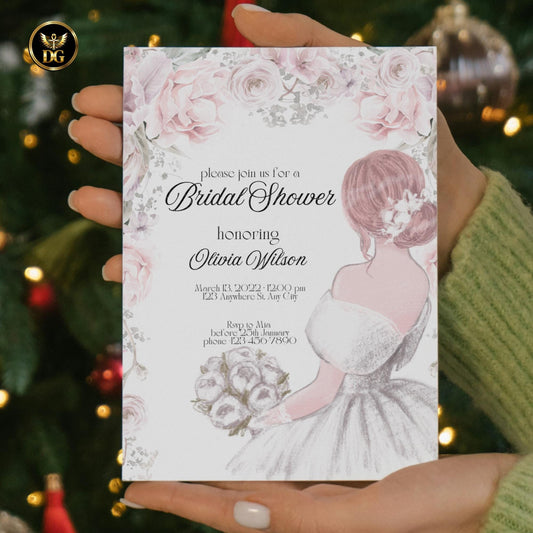 Elegant Floral Bridal Shower Invitation Set Bride Illustration Matching Wedding Set Printable Invitation Template Editable Instant Download