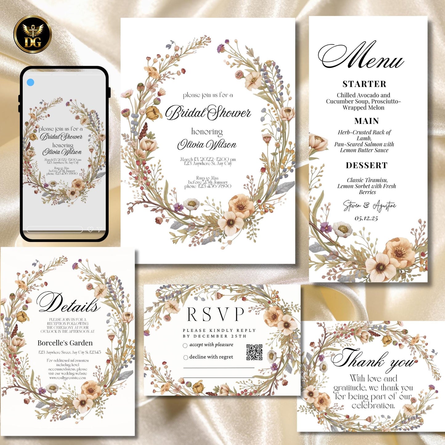 Modern Classic Bridal Shower BUNDLE | Minimalist Invitation, Menu, Details, RSVP, Thank You Cards + Digital File | Editable Template