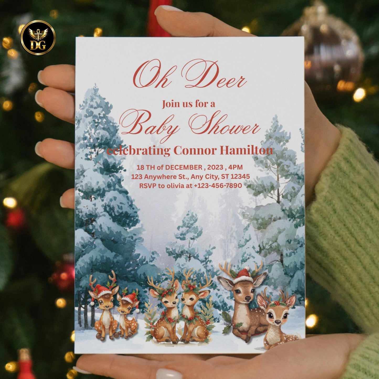 Oh Deer! Christmas Baby Shower Invitation | Baby Reindeer in Snow | Winter Digital & Print Template | Editable Canva