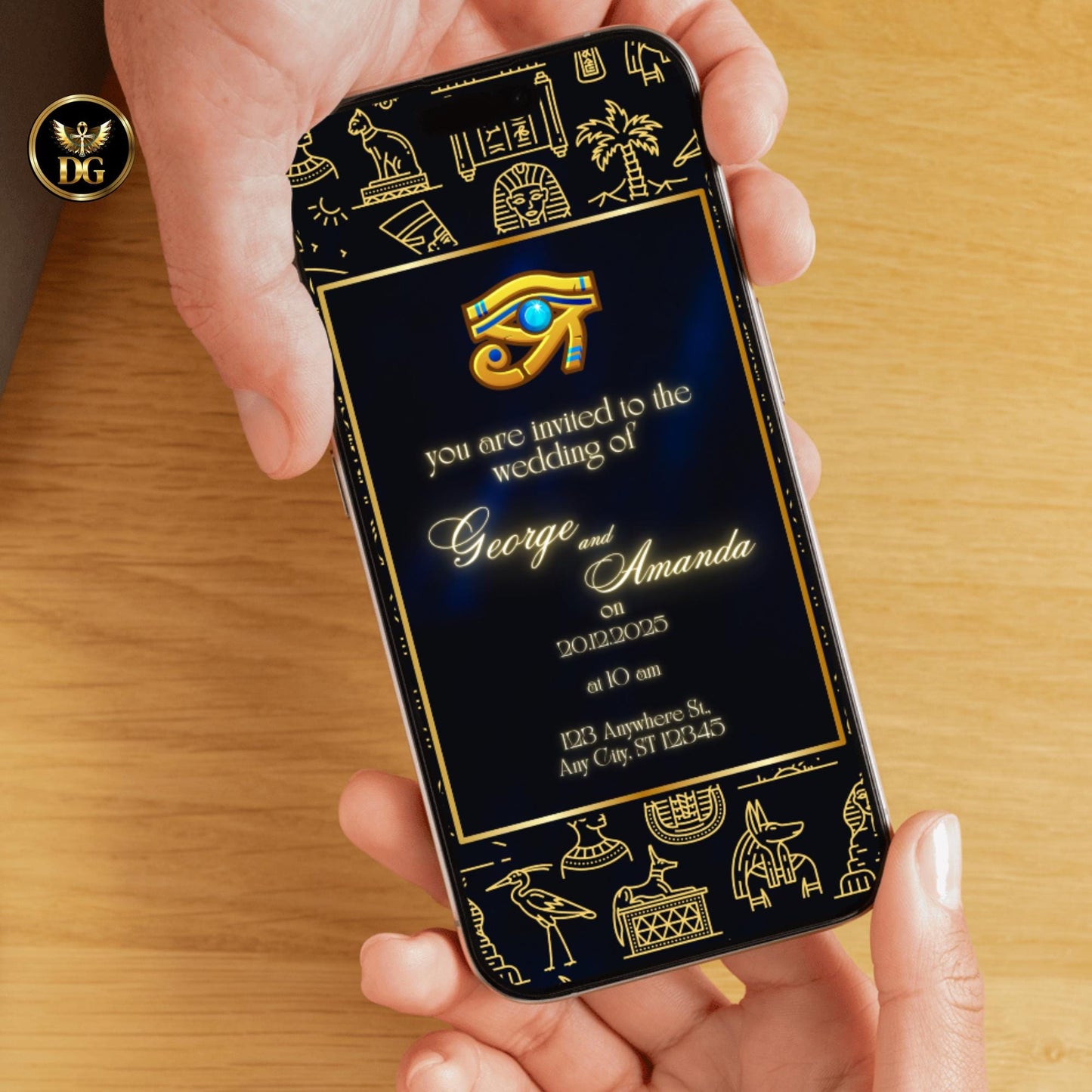 Egyptian Wedding Invitation Gold Blue Eye of Horus | Ancient Egypt Wedding Invite | Luxurious Digital & Printable Template