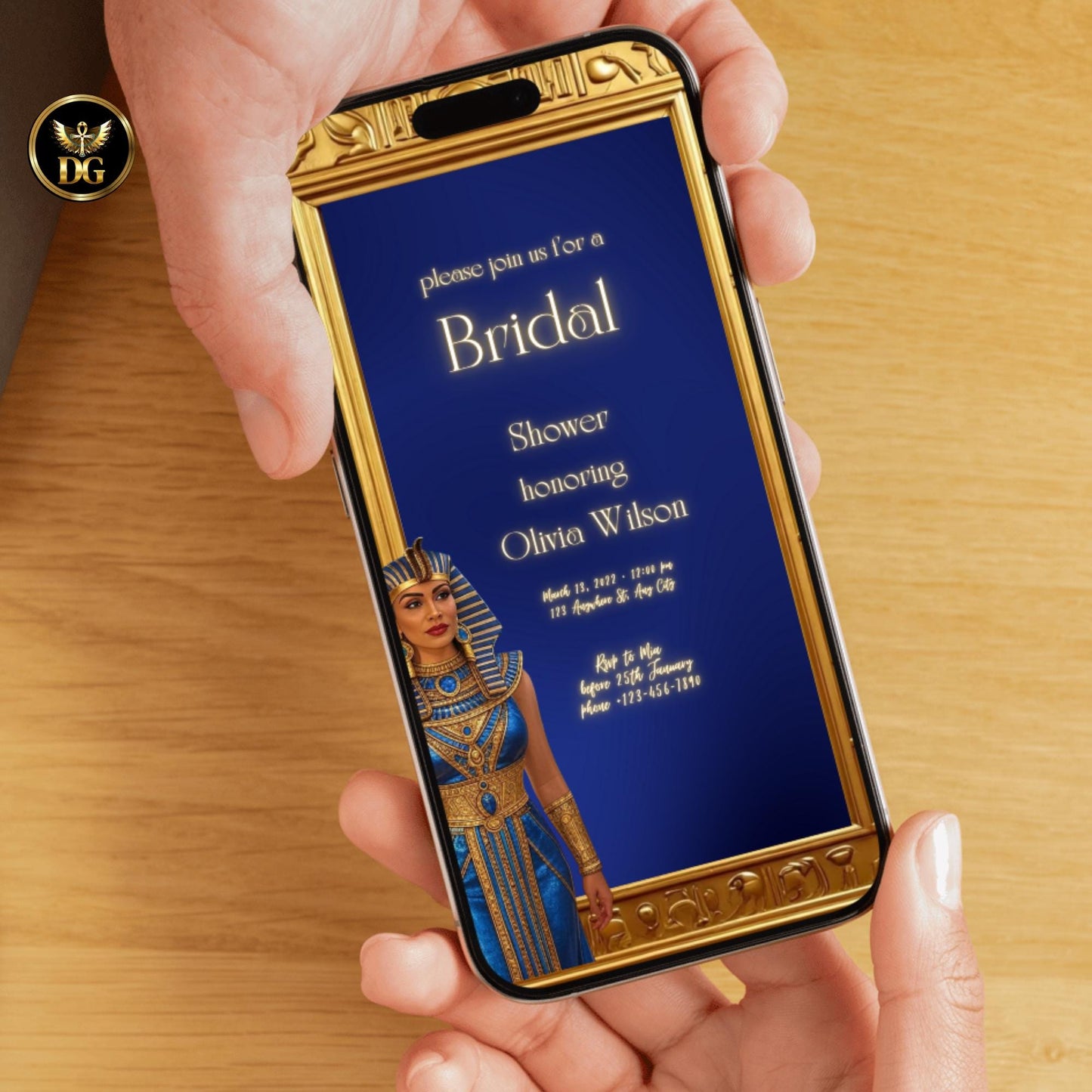 Egyptian Bridal Shower Invitation | Hieroglyphic Gold Frame & Blue Goddess Bride | Editable Canva Template
