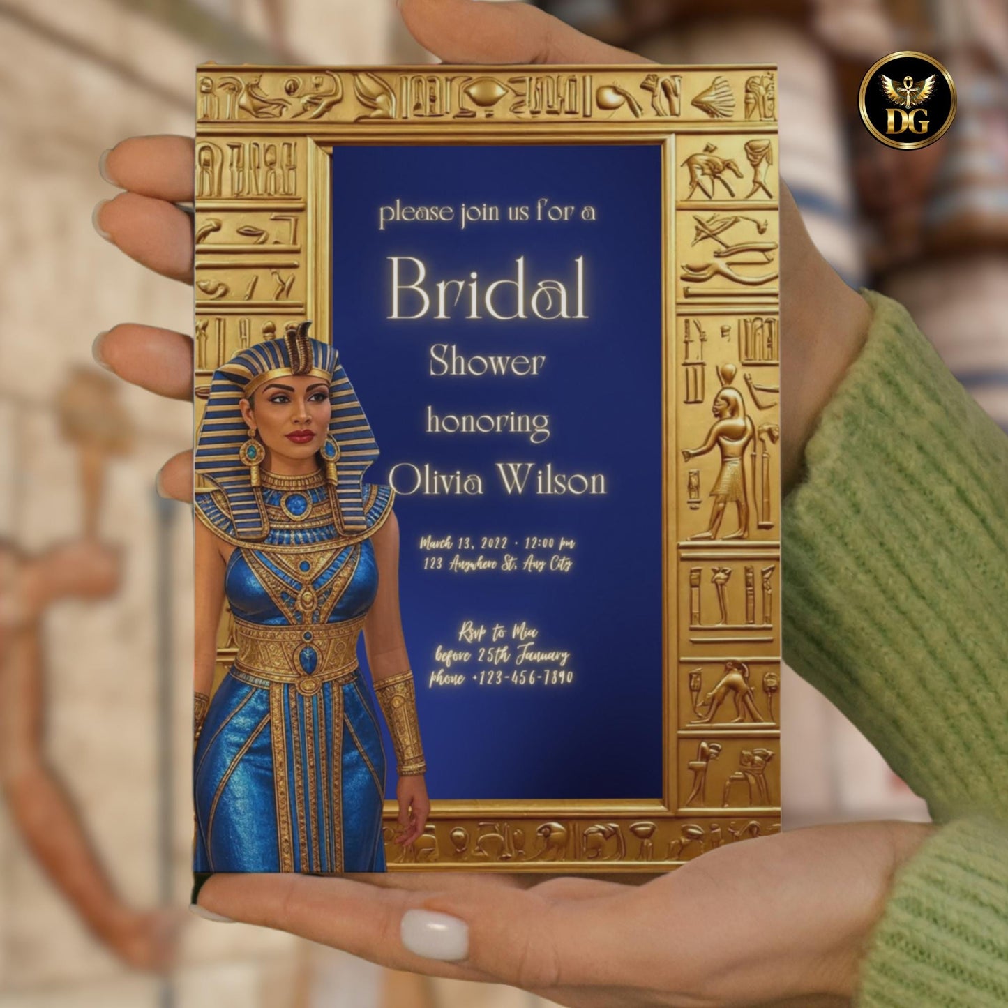 Egyptian Bridal Shower Invitation | Hieroglyphic Gold Frame & Blue Goddess Bride | Editable Canva Template