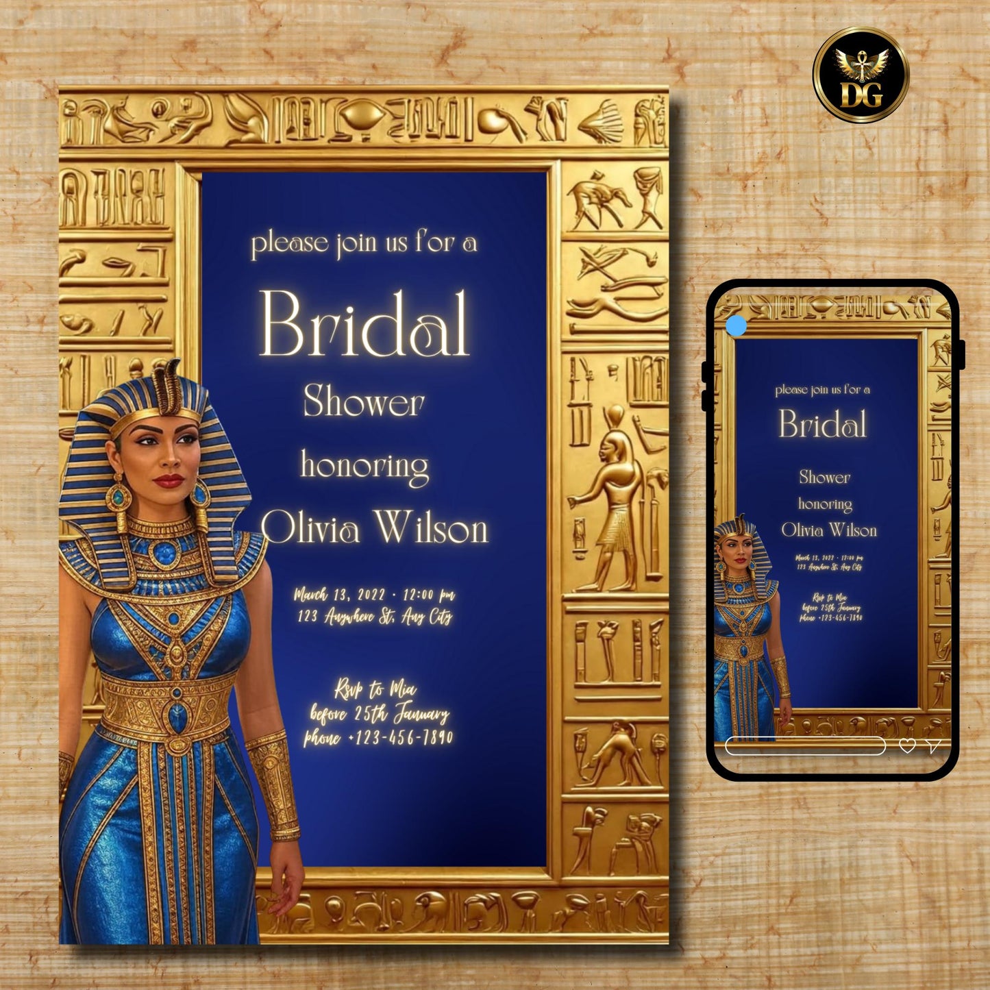 Egyptian Bridal Shower Invitation | Hieroglyphic Gold Frame & Blue Goddess Bride | Editable Canva Template