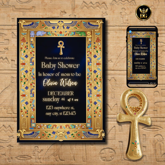 Egyptian Baby Shower Invite | Blue Velvet Gold Frame | Ankh Life Symbol | Digital Canva Template