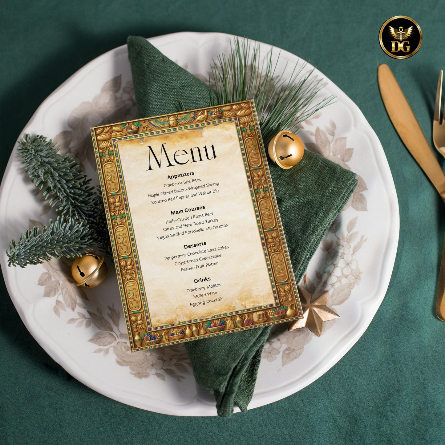 Egyptian Papyrus Menu Template | Ancient Gold Frame | Hieroglyphic Design | Canva Editable | Digital Download