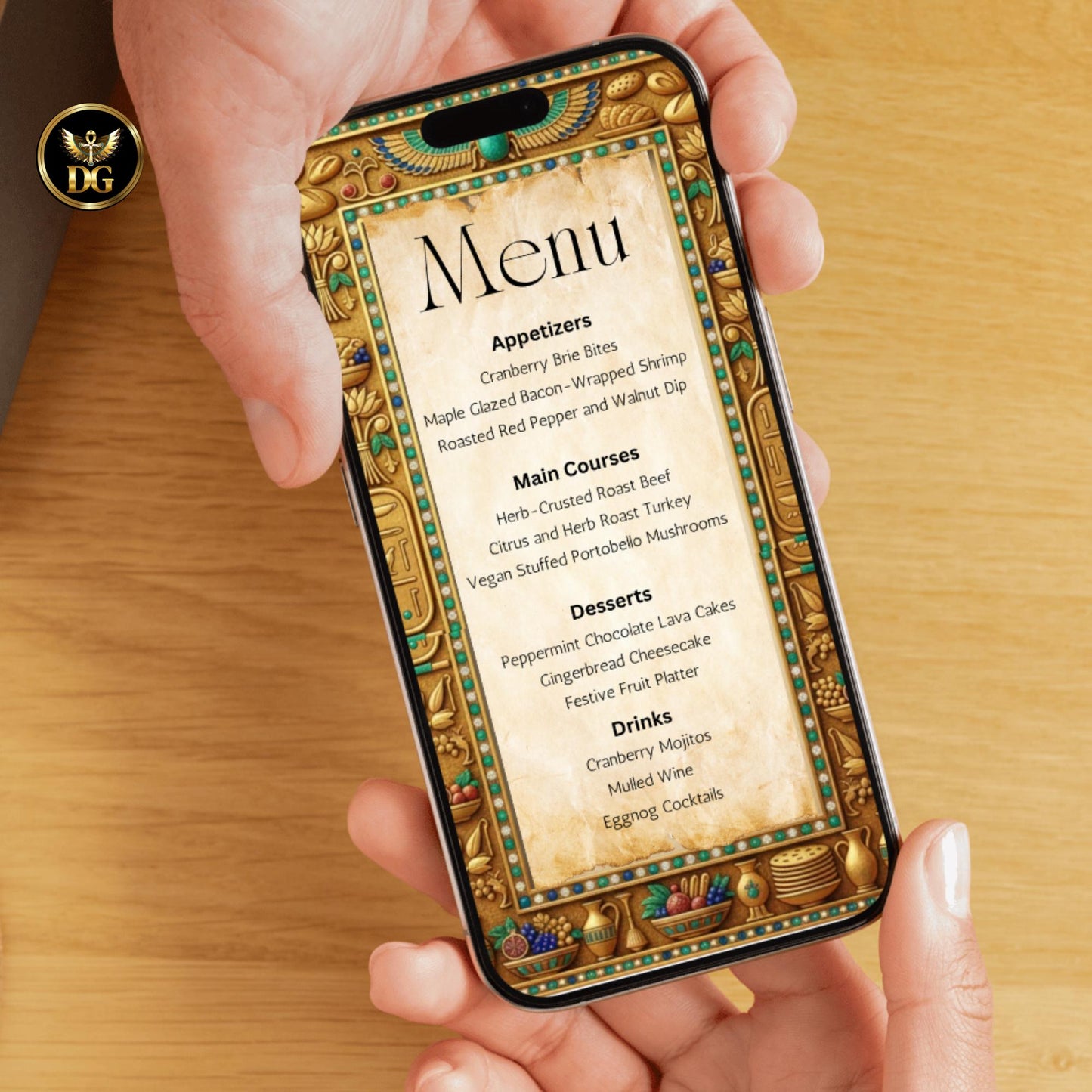 Egyptian Papyrus Menu Template | Ancient Gold Frame | Hieroglyphic Design | Canva Editable | Digital Download