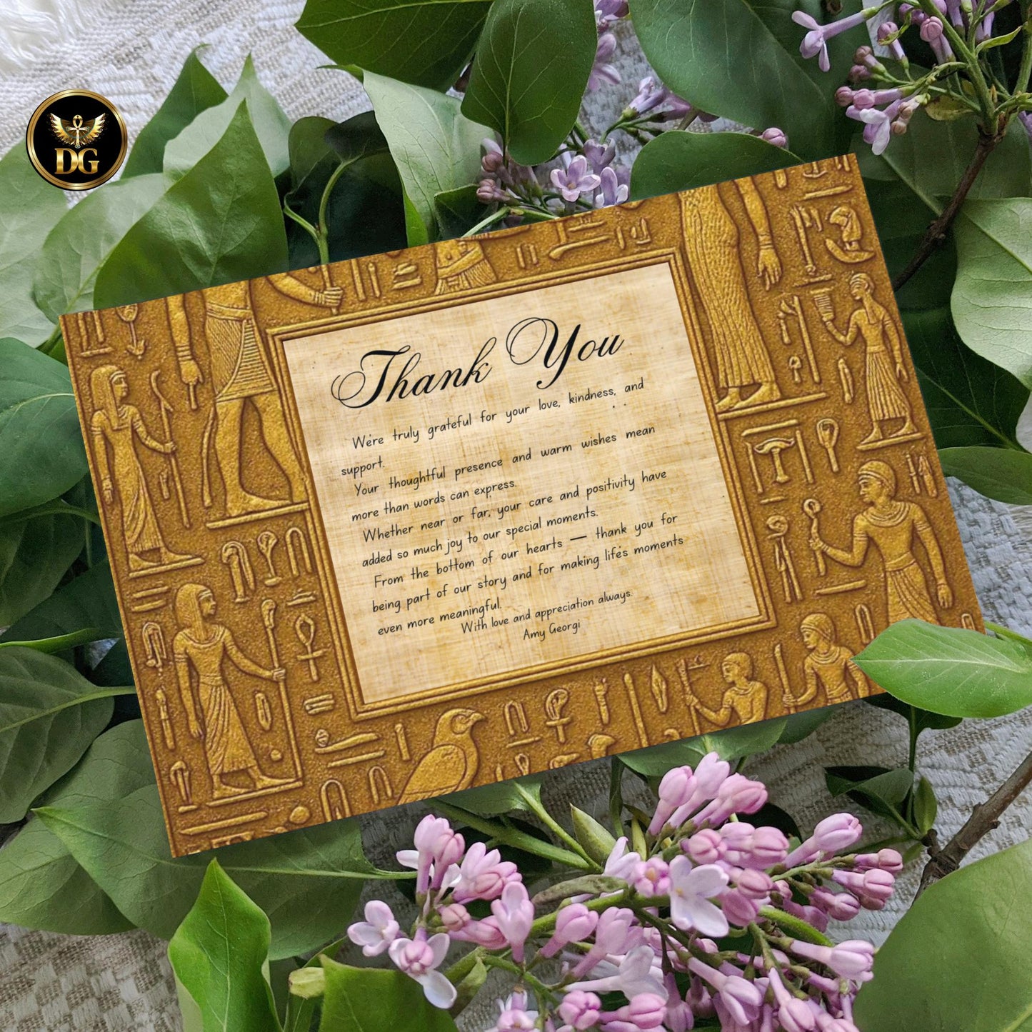 Majestic Egyptian Stone & Papyrus Thank You Card  Editable Pharaoh Theme Digital Template for Weddings, GEM Events -Ancient Gold Collection