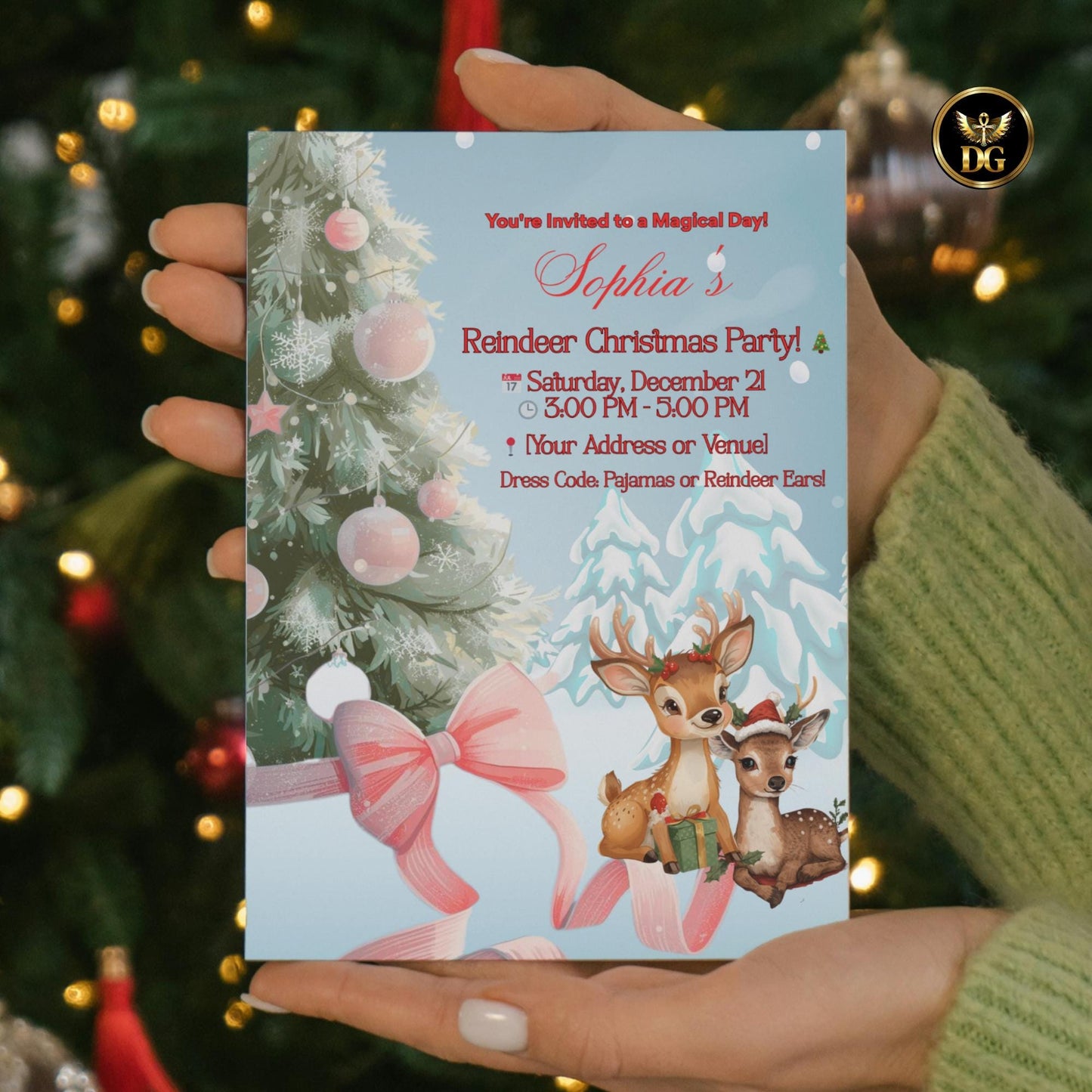 Kids Christmas Party Invitation Editable Canva Template Winter Wonderland Pink Tassel Baby Reindeer Holiday Party Printable Instant Download