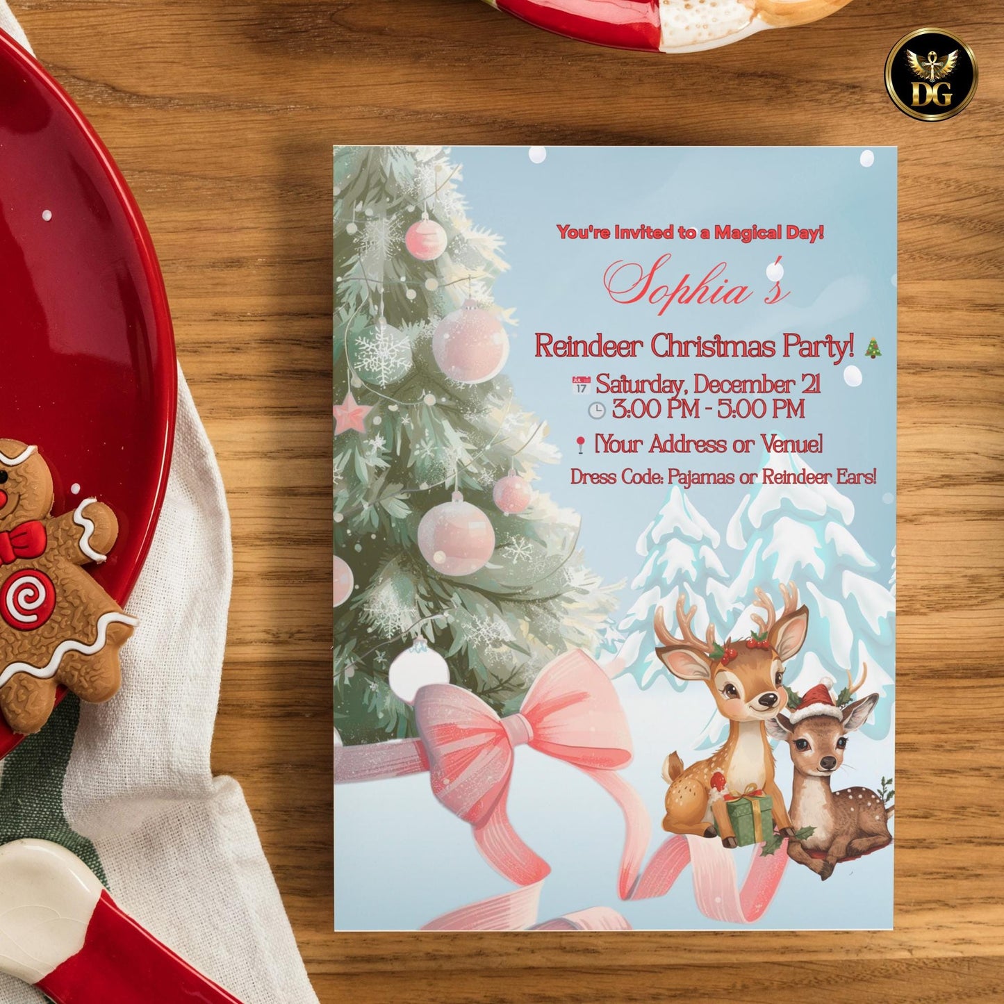 Kids Christmas Party Invitation Editable Canva Template Winter Wonderland Pink Tassel Baby Reindeer Holiday Party Printable Instant Download