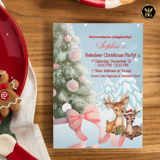 Kids Christmas Party Invitation Editable Canva Template Winter Wonderland Pink Tassel Baby Reindeer Holiday Party Printable Instant Download