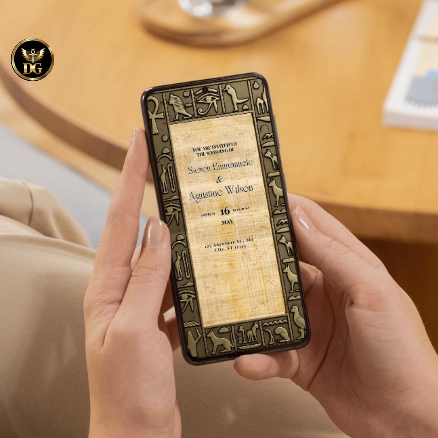 Egyptian Pharaoh Wedding Invitation Template Digital Editable Hieroglyphic Card GEM Grand Opening Theme Ancient Golden Frame 5x7 & 1080x1920