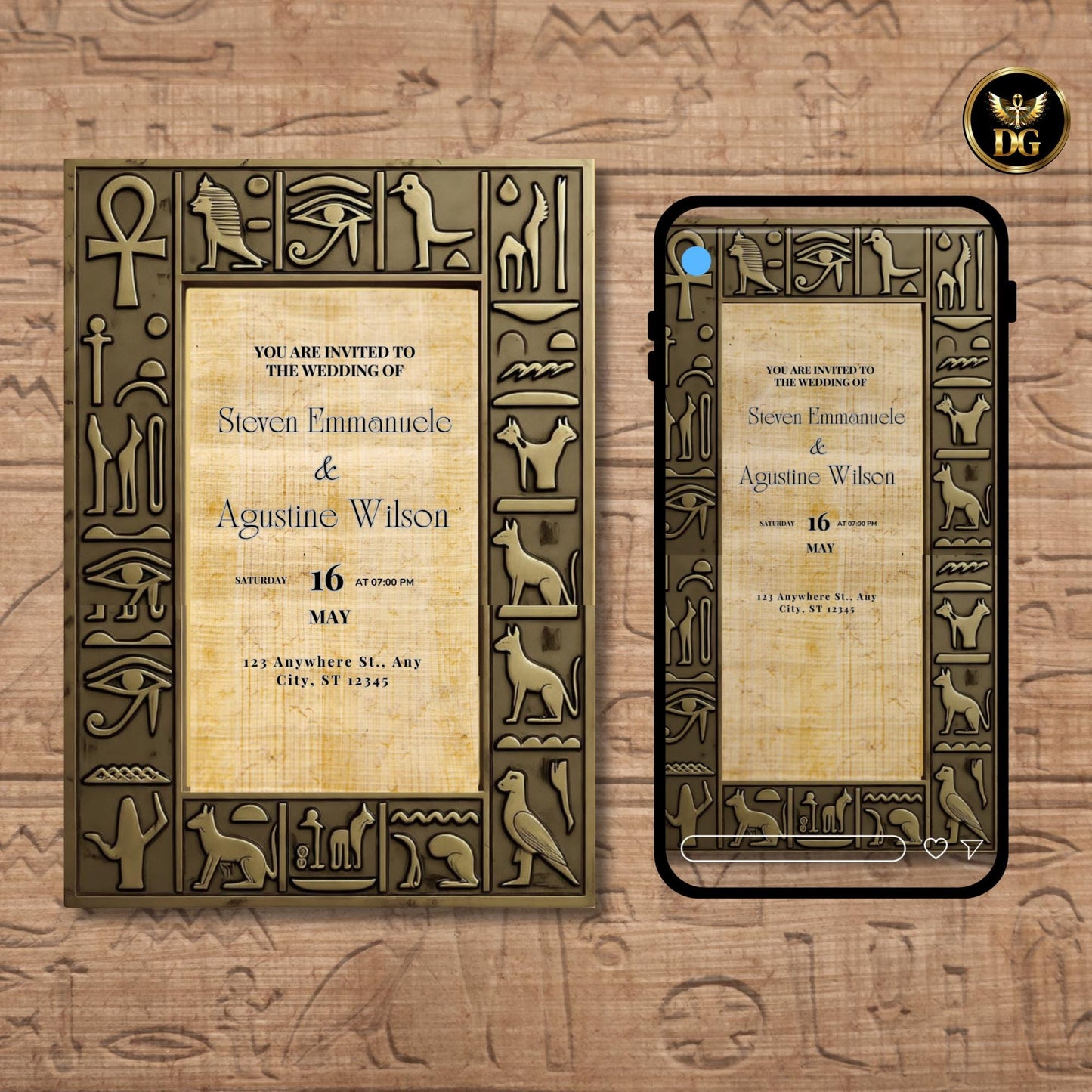 Egyptian Pharaoh Wedding Invitation Template Digital Editable Hieroglyphic Card GEM Grand Opening Theme Ancient Golden Frame 5x7 & 1080x1920