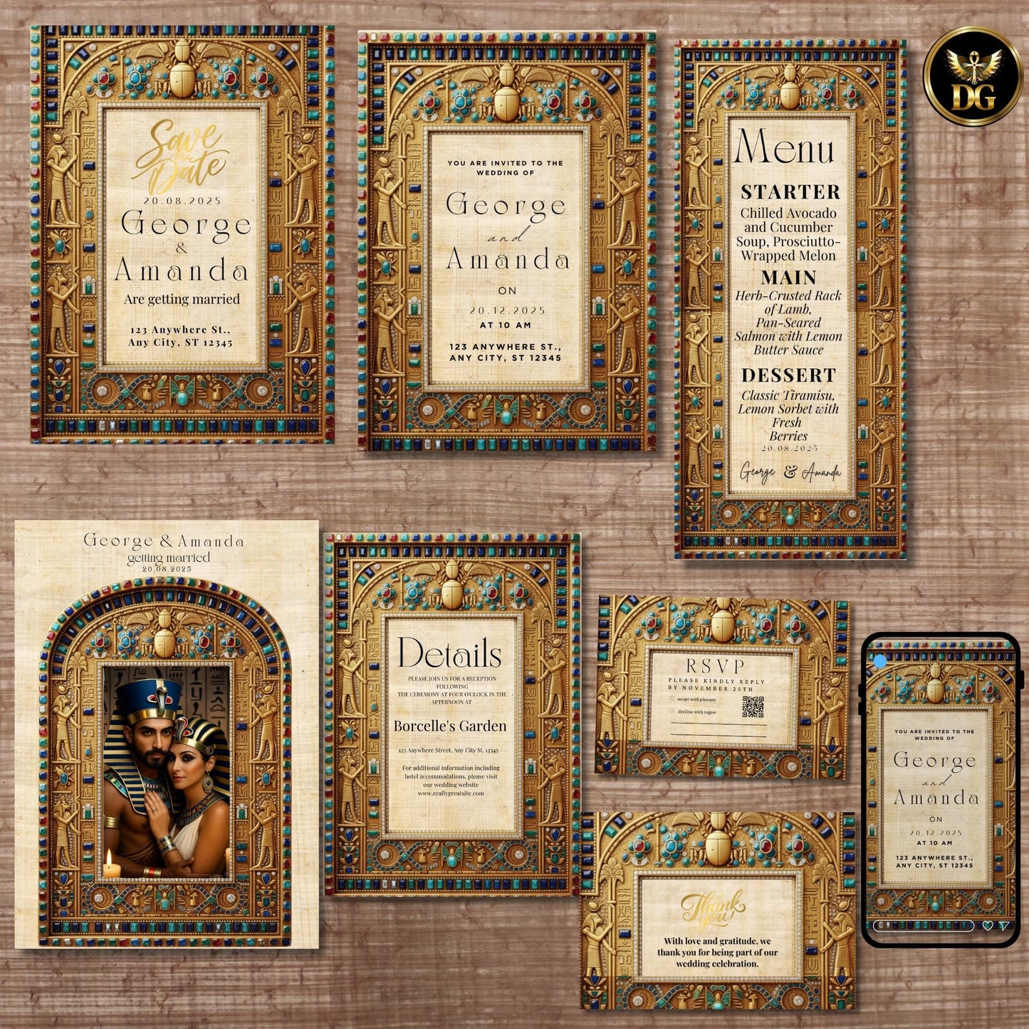Egyptian Pharaoh Wedding Invitation Bandal | Editable Canva Template | Hieroglyphic Papyrus Brown Ancient Egypt Theme