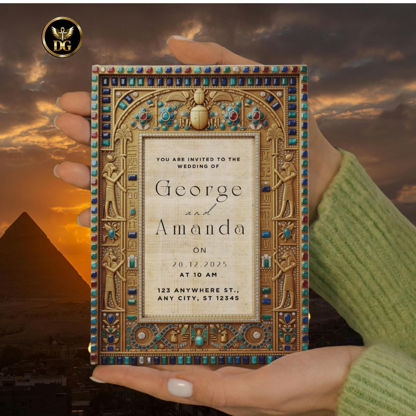 Egyptian Pharaoh Wedding Invitation Bandal | Editable Canva Template | Hieroglyphic Papyrus Brown Ancient Egypt Theme