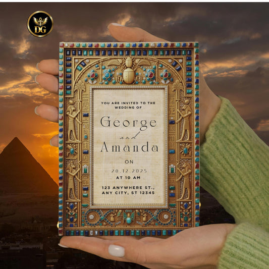 Egyptian Pharaoh Wedding Invitation Bandal | Editable Canva Template | Hieroglyphic Papyrus Brown Ancient Egypt Theme