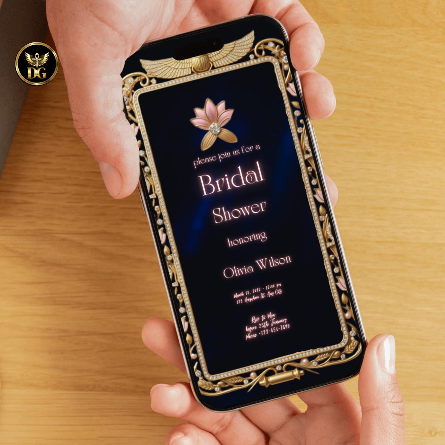 Egyptian Bridal Shower Invitation Template - Editable Ankh & Lotus Canva Template for Pharaoh Theme Party, Gold, Navy Blue Digital Download