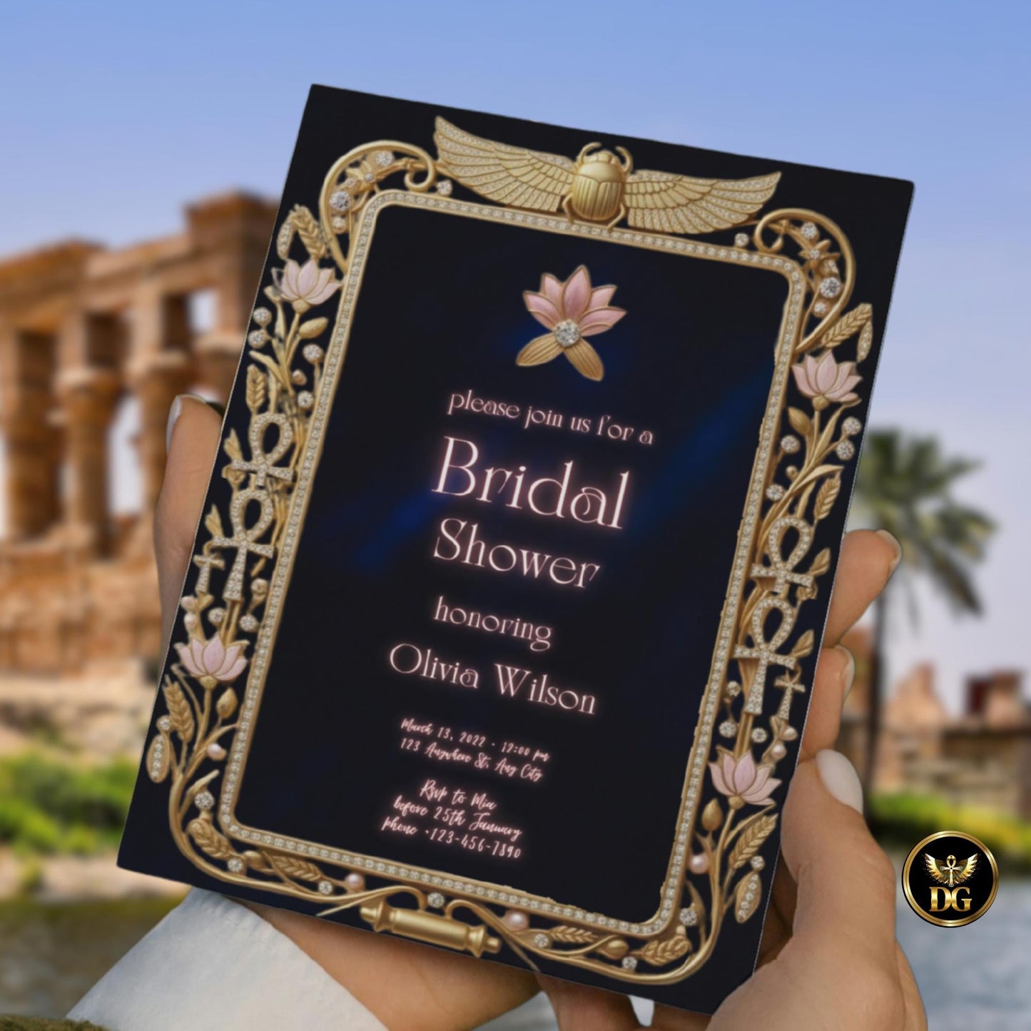 Egyptian Bridal Shower Invitation Template - Editable Ankh & Lotus Canva Template for Pharaoh Theme Party, Gold, Navy Blue Digital Download