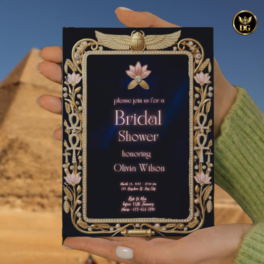 Egyptian Bridal Shower Invitation Template - Editable Ankh & Lotus Canva Template for Pharaoh Theme Party, Gold, Navy Blue Digital Download