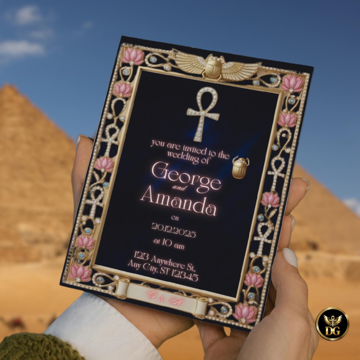 Royal Egyptian Wedding Invitation Template - Editable Gold & Navy Canva Template with Ankh Scarab for Pharaoh Theme, Luxury Digital Download