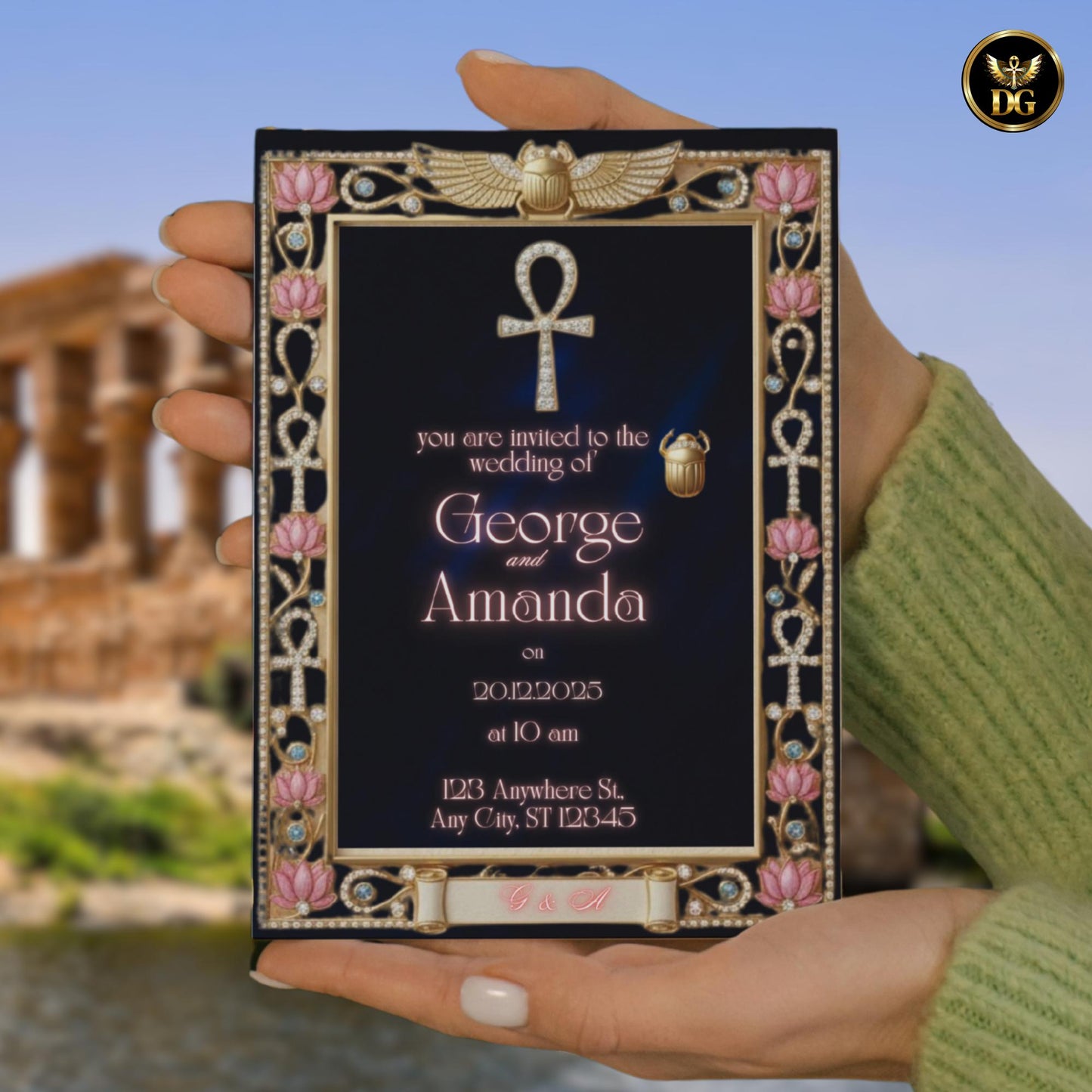 Royal Egyptian Wedding Invitation Template - Editable Gold & Navy Canva Template with Ankh Scarab for Pharaoh Theme, Luxury Digital Download