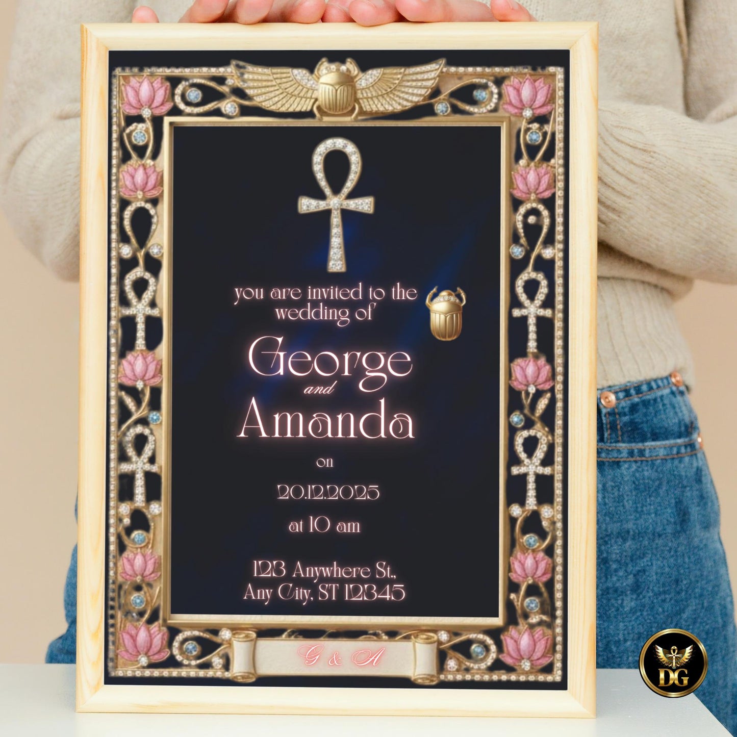 Royal Egyptian Wedding Invitation Template - Editable Gold & Navy Canva Template with Ankh Scarab for Pharaoh Theme, Luxury Digital Download