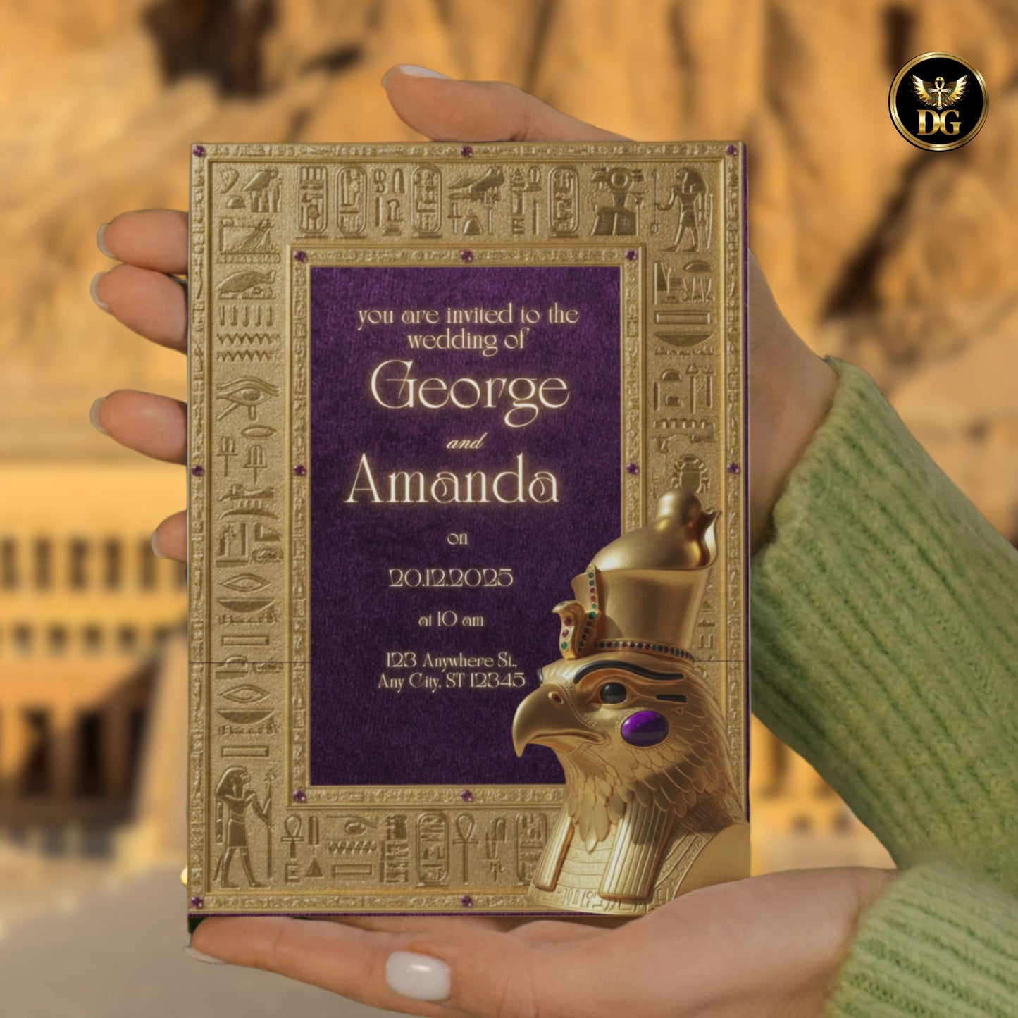 Pharaoh Wedding Invite, Gold  Mauve Canva Template, Egyptian Digital Download, Head of Horus Editable Invitation, Luxury Hieroglyphic Design