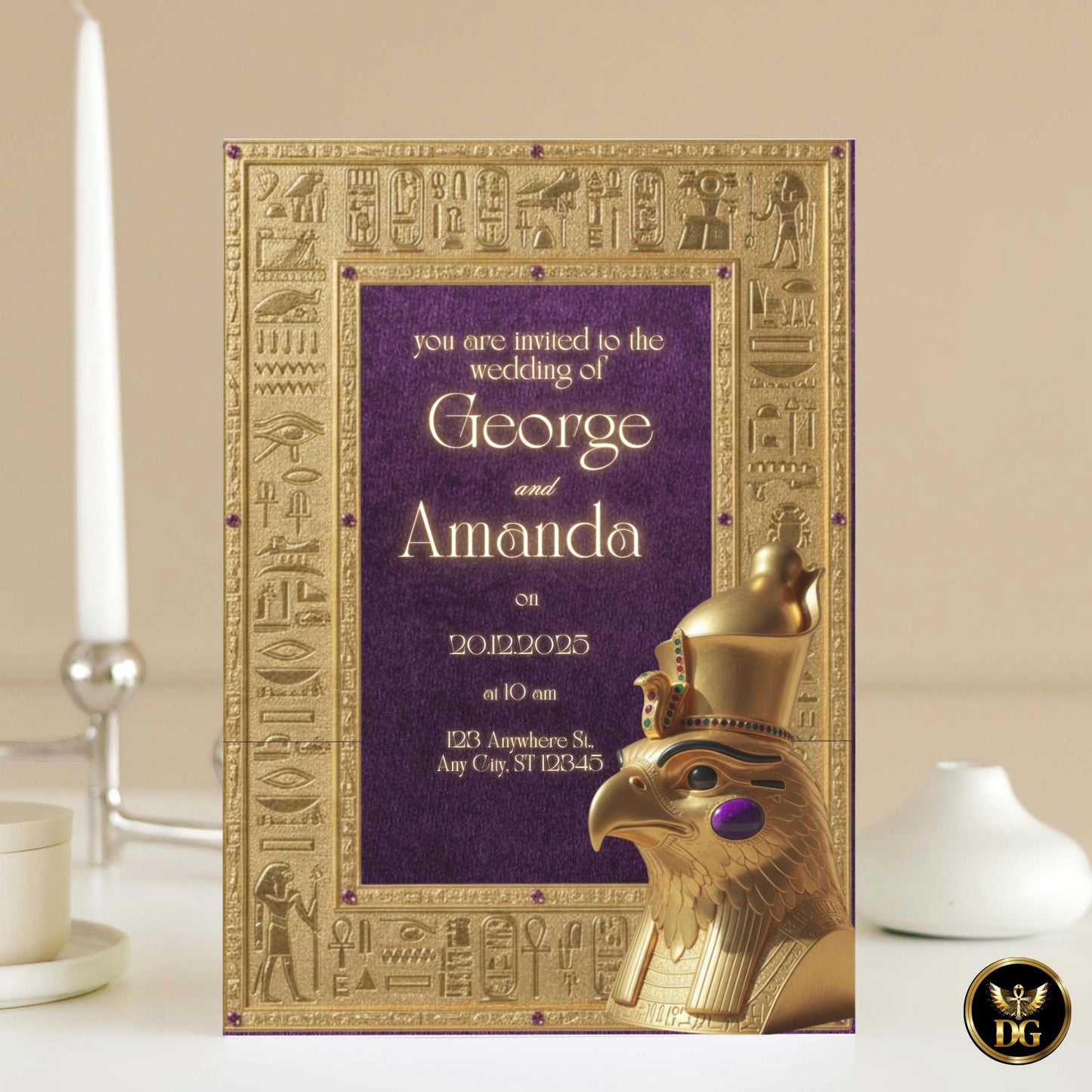 Pharaoh Wedding Invite, Gold  Mauve Canva Template, Egyptian Digital Download, Head of Horus Editable Invitation, Luxury Hieroglyphic Design