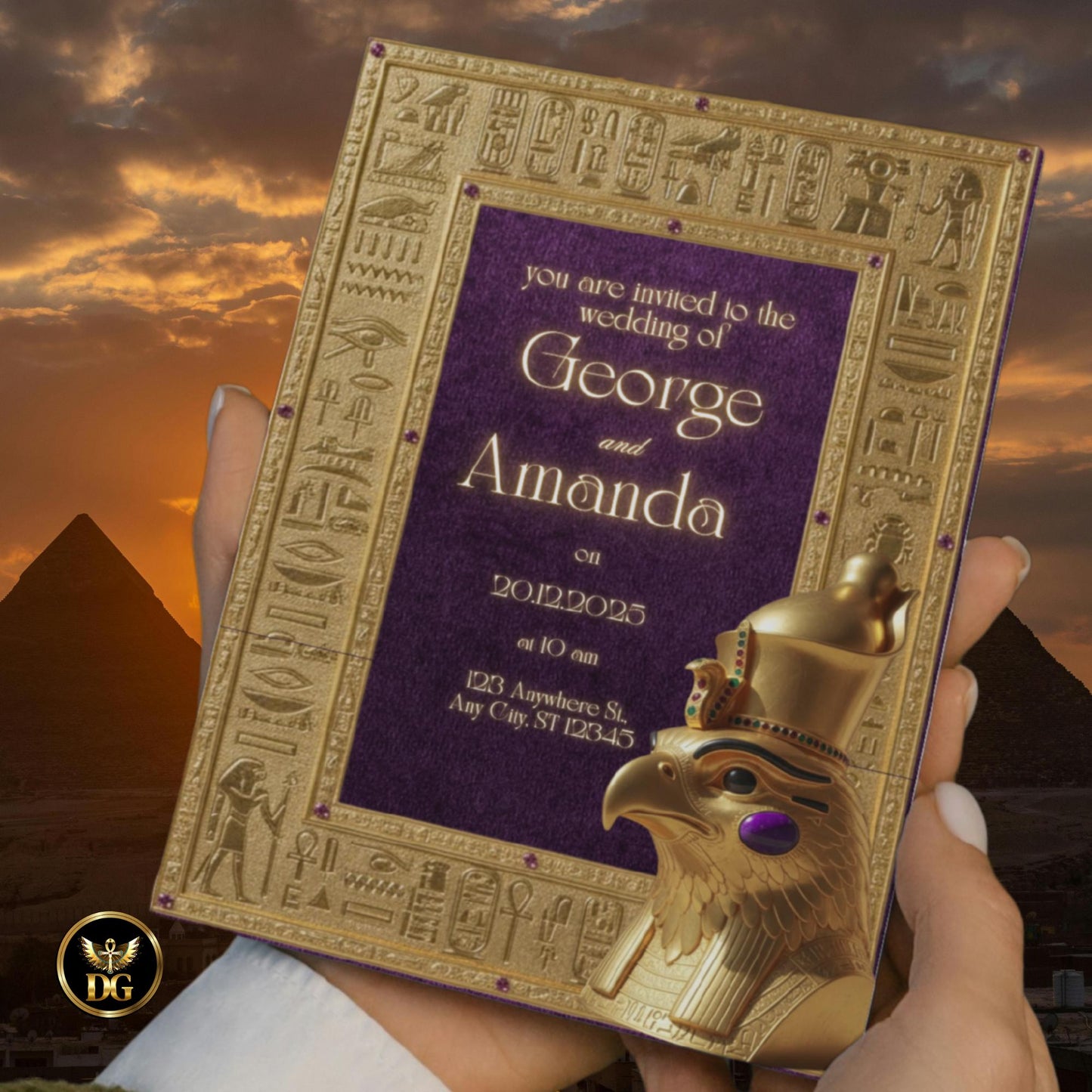 Pharaoh Wedding Invite, Gold  Mauve Canva Template, Egyptian Digital Download, Head of Horus Editable Invitation, Luxury Hieroglyphic Design