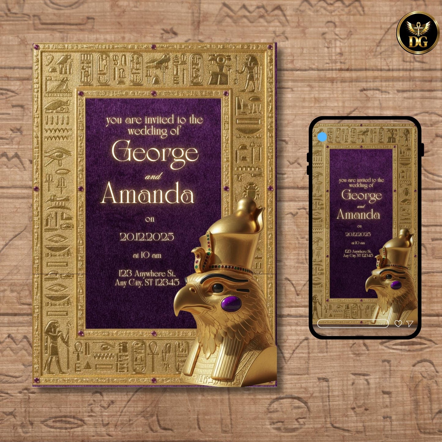 Pharaoh Wedding Invite, Gold  Mauve Canva Template, Egyptian Digital Download, Head of Horus Editable Invitation, Luxury Hieroglyphic Design