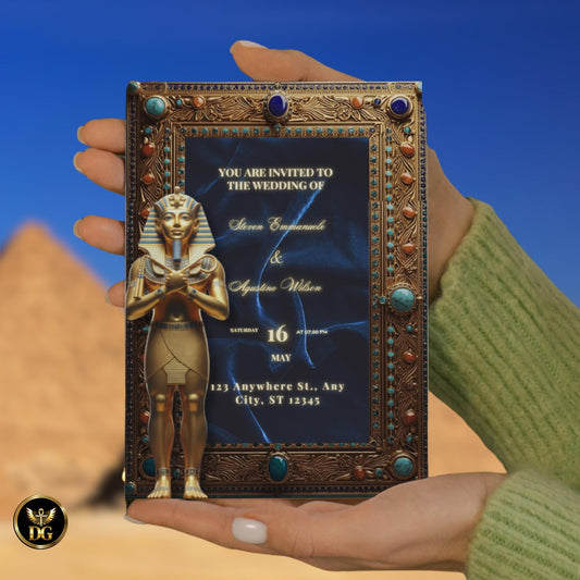 Luxury Egyptian Blue Velvet Wedding Invitation | Tutankhamun Royal Frame Canva Template | Pharaonic Jeweled Turquoise Design