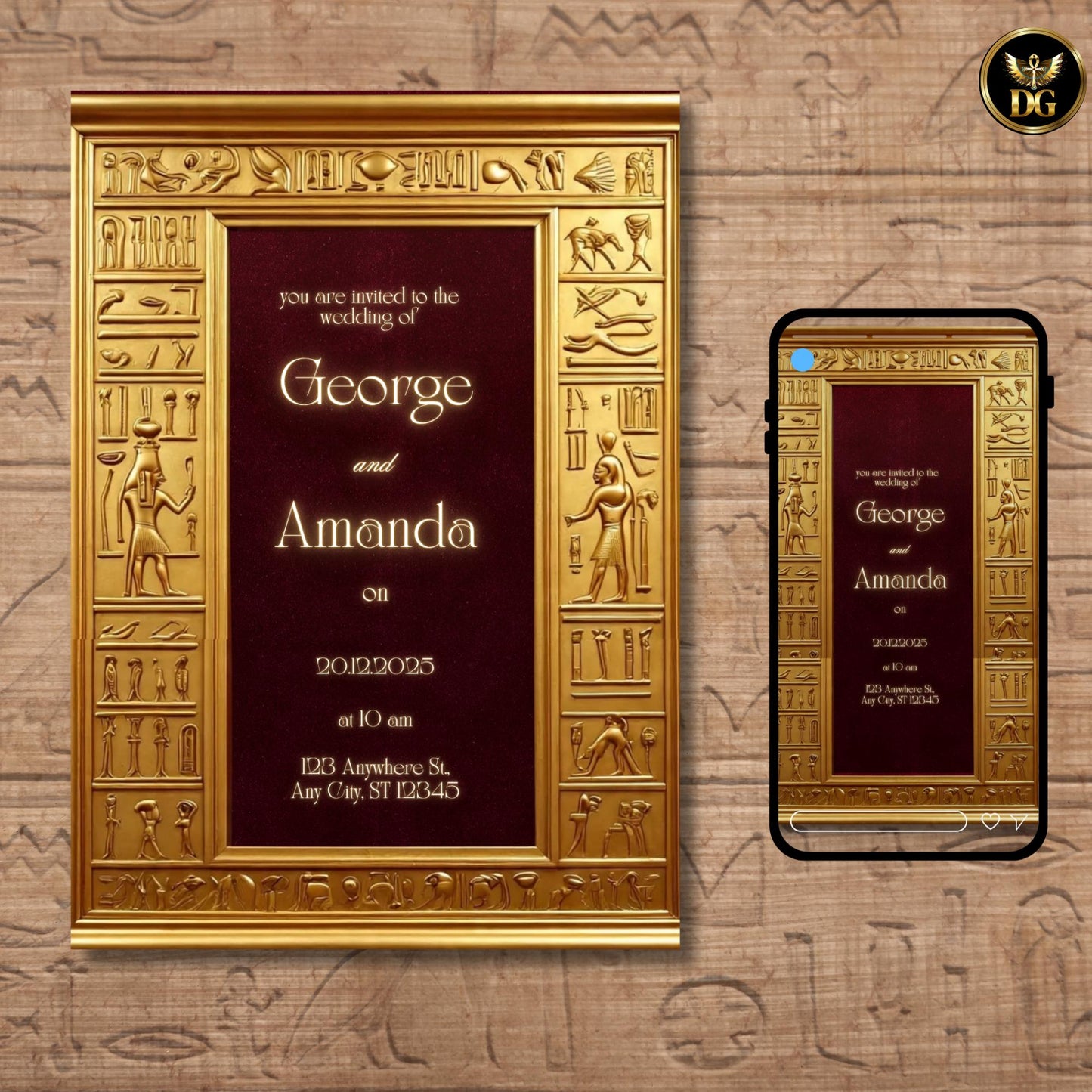 Egyptian Pharaoh Wedding Invitation Template | Gold & Burgundy Velvet | Ankh  Hieroglyphic Frame | Editable Canva Digital Download