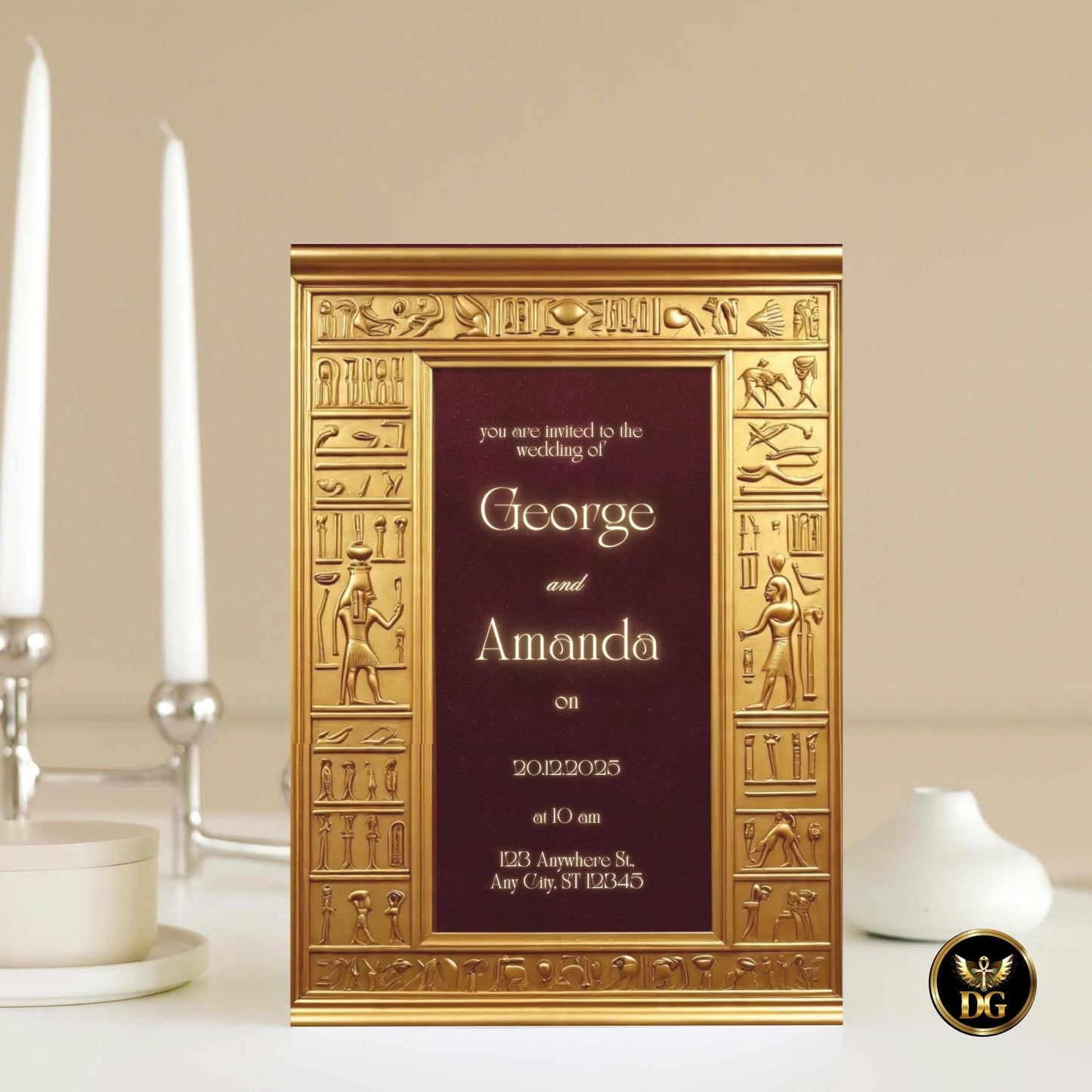 Egyptian Pharaoh Wedding Invitation Template | Gold & Burgundy Velvet | Ankh  Hieroglyphic Frame | Editable Canva Digital Download