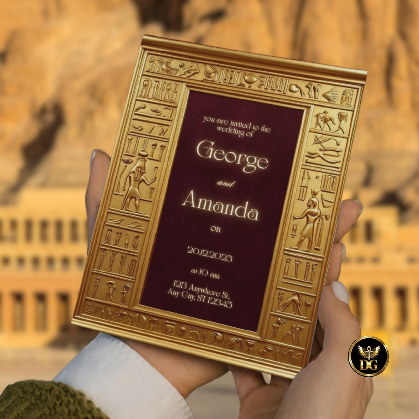 Egyptian Pharaoh Wedding Invitation Template | Gold & Burgundy Velvet | Ankh  Hieroglyphic Frame | Editable Canva Digital Download