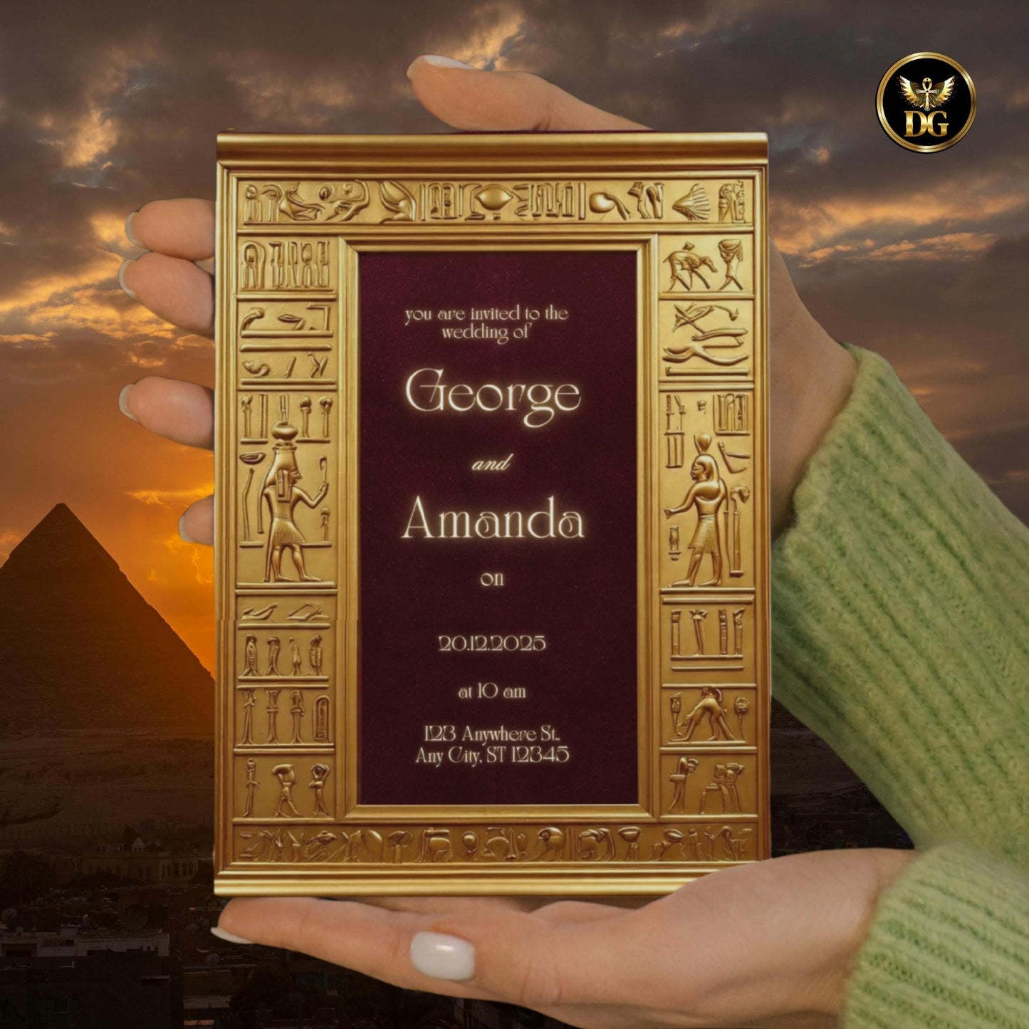 Egyptian Pharaoh Wedding Invitation Template | Gold & Burgundy Velvet | Ankh  Hieroglyphic Frame | Editable Canva Digital Download