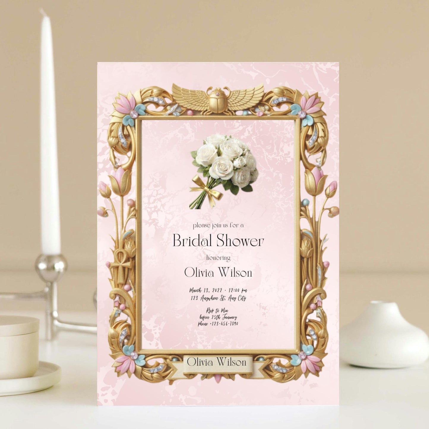 Egyptian Bridal Shower Invitation | Goddess Theme Template | Pastel Pink & Gold Lotus | Editable Canva Digital Download