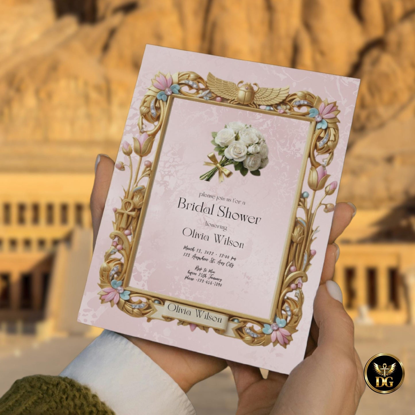Egyptian Bridal Shower Invitation | Goddess Theme Template | Pastel Pink & Gold Lotus | Editable Canva Digital Download