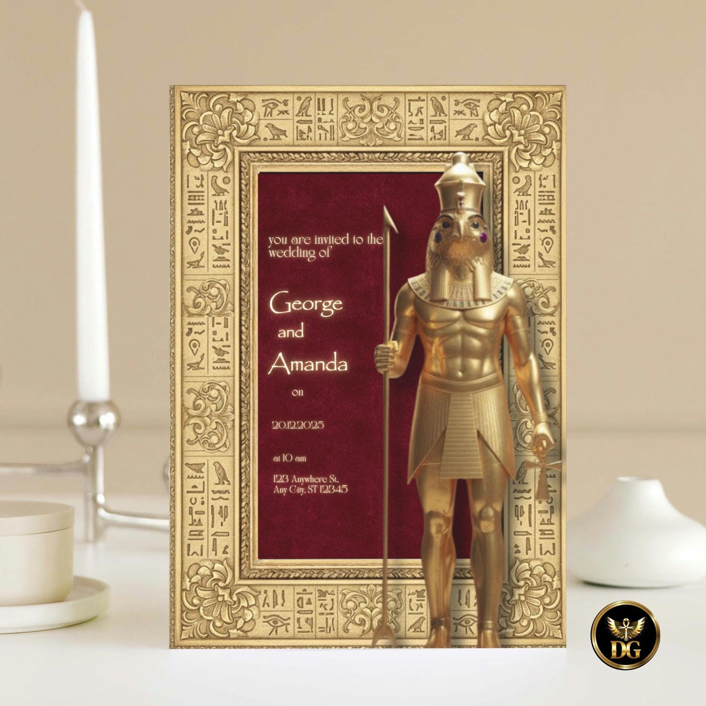 Royal Egyptian Wedding Invitation with Horus | Burgundy Velvet & Gold Template | Editable Canva Digital Download | Pharaoh Theme